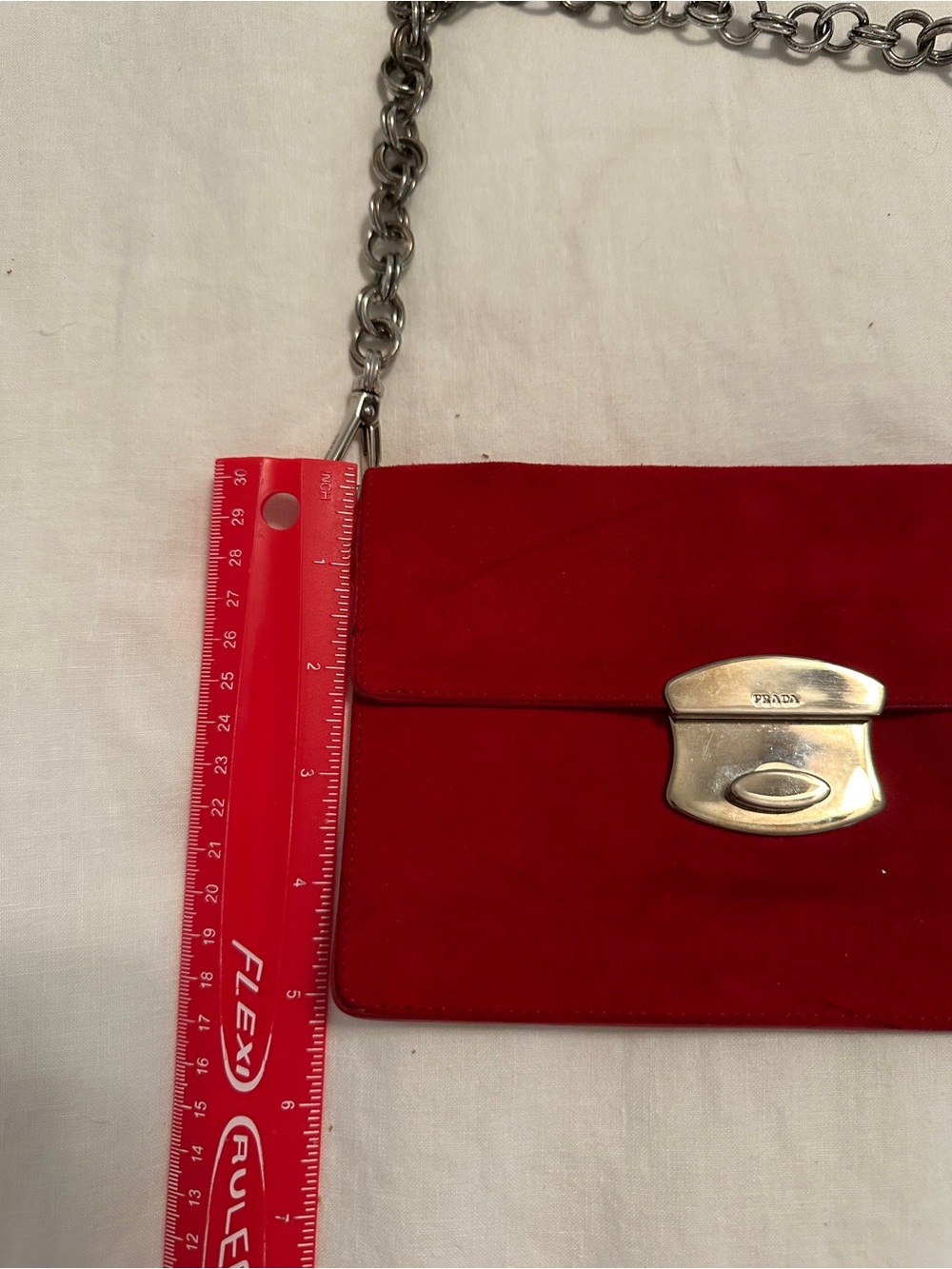 Prada Red Suede Mini Shoulder Bag with Silver Chain - Picture 5 of 7